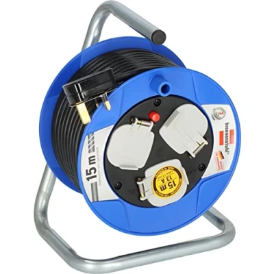 Image of Brennenstuhl Compact 3 way socket cable reel (15m cord length, thermal cut out protection), small for easy tool box storage, colour: black