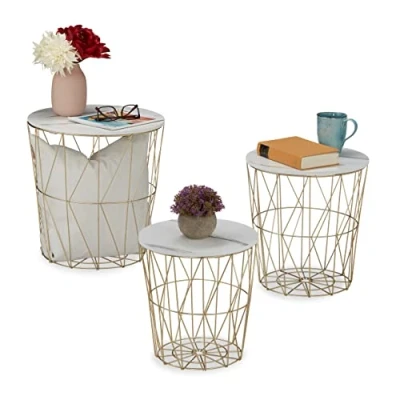 Image of Relaxdays Basket Side Table, Set 3 Sizes, Wired Storage, Metal &amp; Marble Look, Sofa or Bedside Stand, Decorative, White, Iron, 40 x 39.5