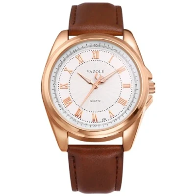 Image of JewelryWe Vintage Men Leather Watch: Analog Quartz Big Dial Brown Strap Wrist Watch Business Casual Roman Numerals
