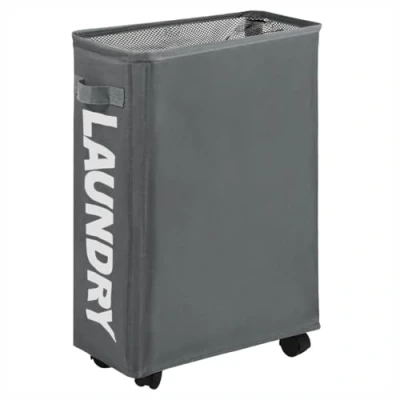 Image of Easy Funny Slim Rolling Laundry basket On Wheels Waterproof Foldable Corner Storage Bins Flexible Collapsible Bag Sorter 39x18.5x58cm (Dark Grey)