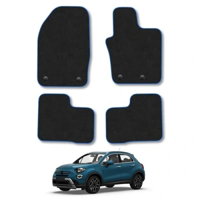 Image of Car Mats Compatible with Fiat 500x (2016+) Tailored Fit Blue Trimmed Carpet Floor Mat Set Accessory Black Custom Fitted 4 Pieces Clips Anti Slip Backing &amp; Trim Edging