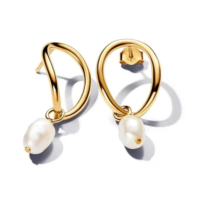 Image of Pandora Essence 14k Gold plated drop earrings with baroque white treated freshwater cultured pearl