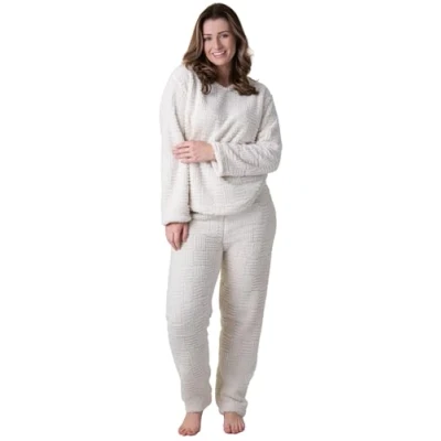Image of Camille Ladies Pyjamas Supersoft Jacquard Sherpa Fleece Lounge Wear Set with Cream Woven Pattern &amp; Rope Detailing Long Sleeved Crew Neck Elasticated Waist 22 24