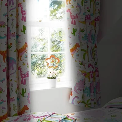 Image of Happy Linen Company Girls Daisy Dino Purple 66&quot; x 54&quot; Ring Track Pole Fully Lined Thermal Blackout Pencil Pleat Curtain Set