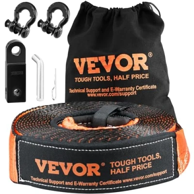 Image of VEVOR Off Road Recovery Kit, 3&quot; x 30&#039;, Heavy Duty Winch Kit with 30,000 lbs Tow Strap, 44,092 D Ring Shackles, Shackle Receiver and Storage Bag, for ATVs, Jeeps, Vehicles, Trucks