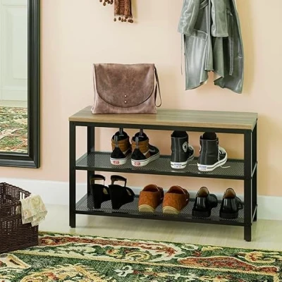 Image of Hallowood Furniture Malvern 2 Tier Metal Shoe Rack with Wooden Top, Modern Storage, Small Entryway Bench, Narrow for 6 Pairs of Shoes