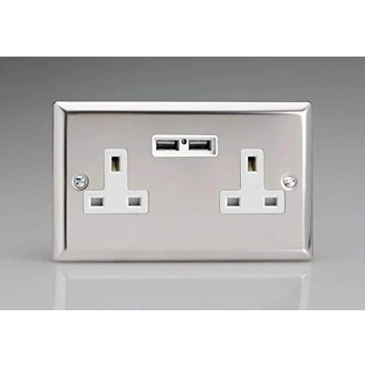 Image of Varilight 2 Gang, 13 Amp Unswitched Socket with Optimised USB Charging Ports, White Insert. Classic Polished Chrome)