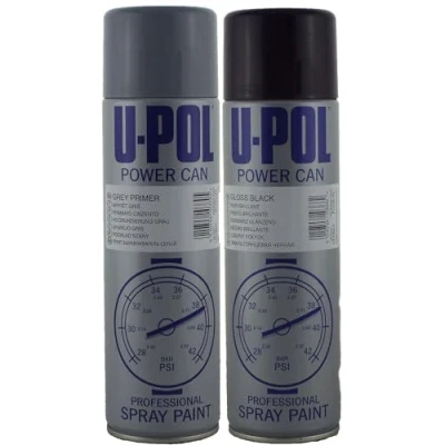 Image of U POL GLOSS BLACK High gloss, durable top coat Paint &amp; GREY PRIMER build primer/filler for uneven surfaces Aerosols UPol Twin Pack 1 of each Can 500ml
