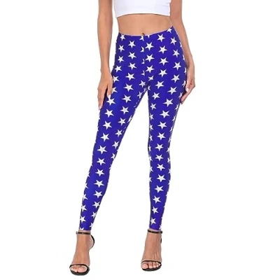 Image of HDE Superhero Blue Star Leggings for Women Digital Print America Workout Pants