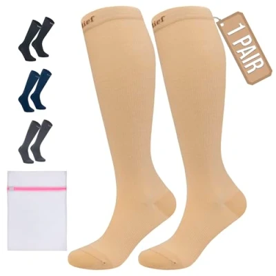 Image of 360 RELIEF 1 Pair Plus Size Flight Compression Socks for Women &amp; Men, Comfortable Travel, Circulation Leg Relief, Pregnancy Support, 3XL, Beige + Laundry Bag