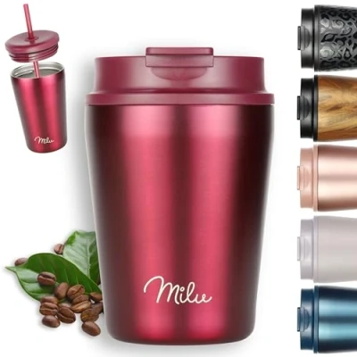 Image of Milu Travel Mug 300ml, 400ml, 500ml 100% Leakproof Stainless Steel Coffee Thermal to go Insulated with Straw Keeps hot for 10h / Cold 20h, BPA Free (Berry, 300ml)