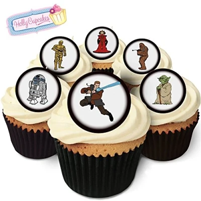 Image of Holly Cupcakes CAKE_TOPPER 24pcs Starwars Drawings, UK Made, Sugar Free, Vegetarian, 45mm Diameter, 12 18 Months Shelf Life