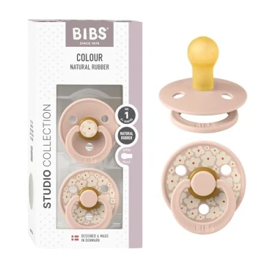 Image of BIBS Pacifiers Colour Studio 2 Pack Round Nipple Baby Pacifier BPA Free Natural Rubber Latex Soother Made in Denmark Size 0+ Months Block Blush