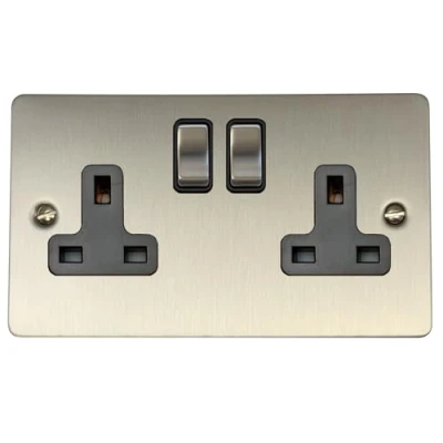 Image of G&amp;H Brassware FSS310 13A Double Pole Flat Brushed Steel Socket Matching Switch and Black Insert