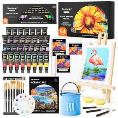 Image of Shuttle Art 54 Pack Acrylic Paint Set, Painting Set with 30 Colours Paint, Wooden Table Easel, Blank Canvas, Brushes, Palette, for Kids Adults Beginner Artists