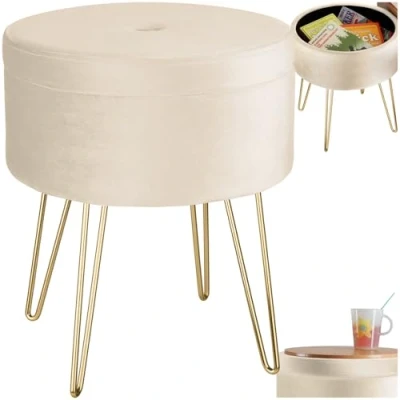 Image of TecTake® Round Stool in Velvet Look with Storage Compartment, Sturdy Vanity Chair Soft Padded Seat, Golden Steel Legs &amp; Quick Assembly, Ideal as Bedroom Dressing Table Cream