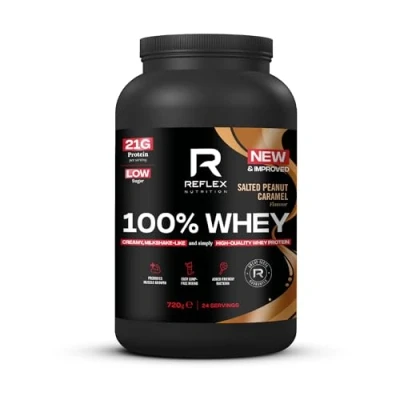 Image of Reflex Nutrition 100% Whey Protein 80% Pure EAA Amino Acids No Added Sugar Powder for Pre Workout &amp; Post Recovery (Salted Peanut Caramel, 720g, 24 Servings)