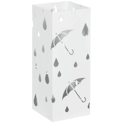 Image of HOMCOM Steel Umbrella Stand, Square Holder with 4 Hooks and Removable Drip Tray, Hollowed Basket for Hallway, White