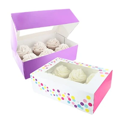 Image of Baked with Love 650210 6/12 Cupcake Box, Twin Pack, Pink Confetti &amp; Purple Windowed to Carry Tasty Treats, Includes Dual Insert for 6 Standard Cupcakes or 12 Mini Cupcakes, Pack of 2 Boxes