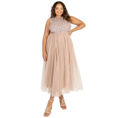 Image of Maya Deluxe Women&#039;s Midaxi Dress Ladies Sleeveless Sequins High Empire Waist Tulle Embellished for Wedding Guest Ball Bridesmaid, Taupe Blush, 6