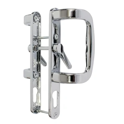 Image of Trojan Sparta 92PZ XL Polished Chrome sliding patio door handles with inline locking lever, and PVD durable finish.