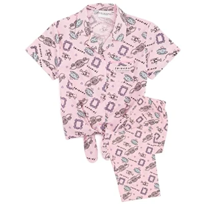 Image of FRIENDS Girls Pyjama Set Kids Pink All Over Print Loungewear T Shirt &amp; Pants PJ Bundle Long Sleeve Tee Leg Bottoms Pajama Sitcom Series Cosy Nightwear Merchandise Gift for Children