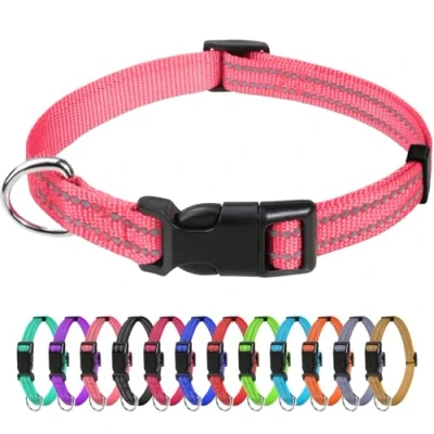 Image of TagMe Reflective Nylon Dog Collars, Adjustable Classic Collar with Quick Release Buckle for Puppy, Baby Pink, 1.0 cm Width