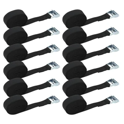 Image of MUKCHAP 12 Pack 2m x 25mm Tie Down Lashing Straps, Adjustable Tensioning Belts Cam Buckle Straps for Motorcycle, Luggage, Black
