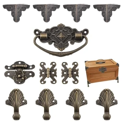 Image of MOROBOR Retro Jewelry Box Antique Lock Latch Hasp Hinges Corner Protectors Kit for DIY and Bronze, Wood Case Chest Storage Feet Leg Protector, not Included
