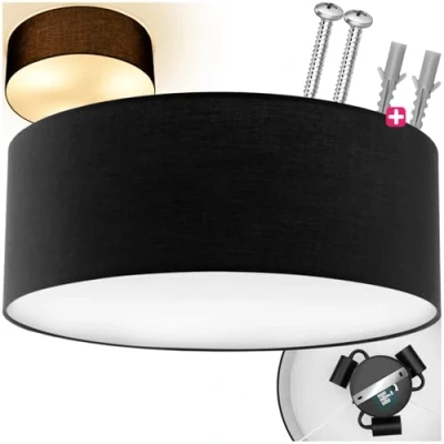 Image of TecTake® Round Ceiling Light with Lampshade in Linen Look &amp; Robust Steel Frame, Fits up to 3 x 40W Bulbs, Easy Installation Modern Lamp for Living Room, Bedroom, Kitchen Bathroom Black