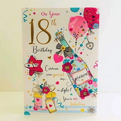 Image of Jonny Javelin Female 18th Age 18 Birthday Card Champagne Bottle Balloons Presents