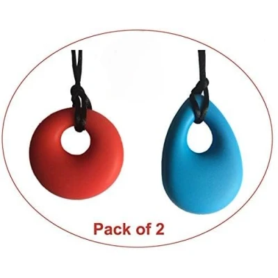 Image of ChewAid Chew Pendant Pack of 2 Training and Development Fidget Necklace for,Sensory,Oral Motor, Anxiety, Autism, ADHD (Blue red)