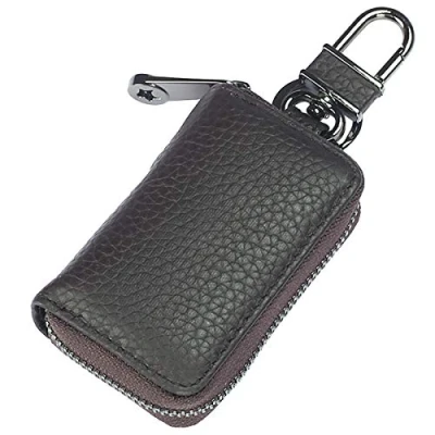 Image of Aileder Car Key Case Holder Genuine Leather Smart Chain Zipper Remote Fob Cover Protector Bag Keyring Wallet (Coffee)