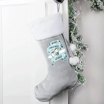 Image of Custom Personalised the Snowman and Snowdog Luxury Silver Grey Stocking