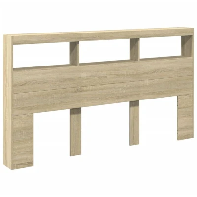 Image of vidaXL Sonoma Oak Headboard Cabinet with LED for Bed 180x17x102 cm Bedroom Storage and Support Modern Lighting