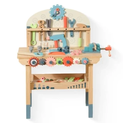 Image of Wooden Power Tool Workbench for Kids, Building Tools Sets Pretend Play Toys, Construction with Wrench, Screwdriver, Miter Saw and Hammer