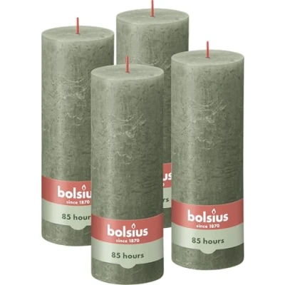 Image of Bolsius Rustic Pillar Candle Dark Green Pack of 4 Long Burning Time 85 Hours Household Interior Decoration Unscented Natural Vegan Wax No Palm Oil 19 x 7 cm