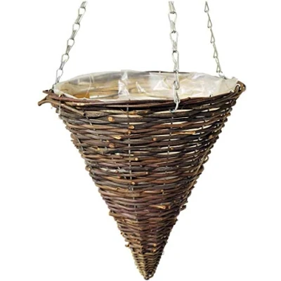 Image of Foglish 2 x 12&quot; Rattan Cone Shaped Hanging Basket With Liner &amp; Chain Wicker Planter 30cm