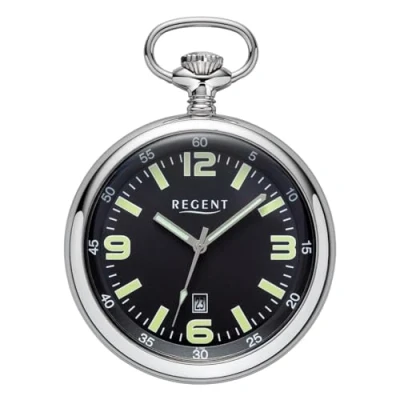 Image of Regent Men&#039;s Pocket Watch Stainless Steel 50 mm Quartz Black Dial Arabic Numerals Date P 742
