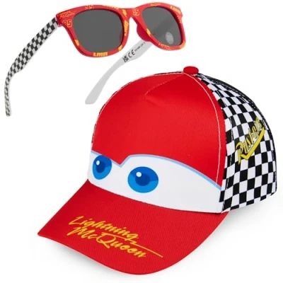 Image of Get Trend Disney Cars Sunglasses Baseball Cap Set for Kids Breathable Adjustable Summer Hat Sun UV400 Travel Essentials (Red/White Lightning McQueen)