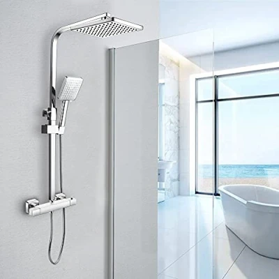 Image of Ronvie Shower System Thermostatic Set, Chrome Riser Rail Mixer with Adjustable Rainfall Head, Scalding Protection Tap, Anti Kink Pipe