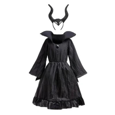 Image of Lito Angels Maleficent Fancy Dress Up Halloween Costume with Horns Headband for Kids Girls Age 5 6 Years, Black