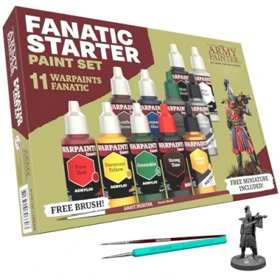 Image of The Army Painter, Warpaints Fanatic Starter Set Combo, 11 x 18 ml Acrylic Paints, incl. 2 Metallics, 1 Wash, Brushes &amp; Free Miniature figure Model Paint for D&amp;D Warhammer Miniatures