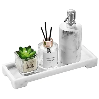 Image of Luxspire Vanity Tray, Bathroom Toilet Tank Storage Resin Kitchen Sink Trays, Countertop Organizer for Candles Soap Towel Perfume Holder Decor Jewlery Dish, Marble Style S Gravel White