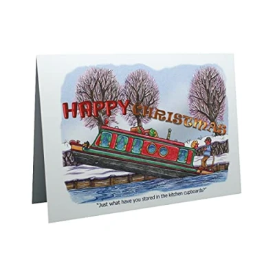 Image of Narrowboats Narrow Boats Caravanning Merry Christmas Humour Cartoon A5 Funny Blank Greeting Card by Armand Foster