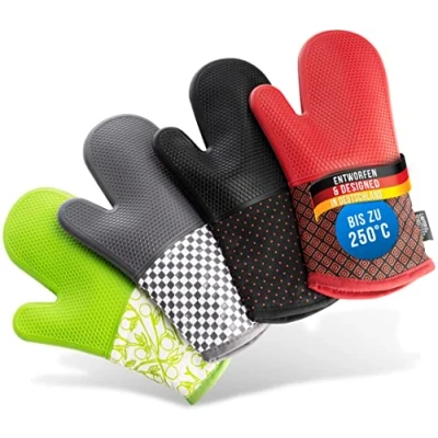 Image of LauterSchutz® Pair of oven gloves with full silicone coating for best grip and heat resistance (Contact heat: 250C) (Black, silicone)