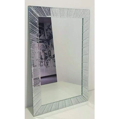 Image of CAPRISTAR Rectangle Shape Designer Silver Glitter Wall Mirror Frame Beautiful Decoration Art Piece Gift (60x40cm) Diagonal Design