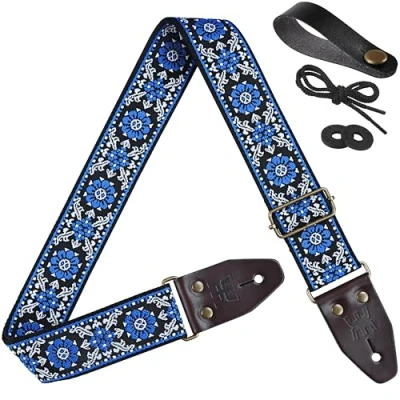 Image of Amumu Blue Lucky Flower Embroidery Guitar Strap Vintage Style with Top Grain Cowhide Leather Ends &amp; Pick Pocket Fits Bass, Electric, Acoustic Guitars