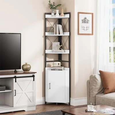 Image of YITAHOME Corner Shelf 4 Tiers, Industrial Bookshelf with Cabinet Floorstanding Bookcase Wooden Storage Rack Shelving Units for Living Room, Home Office, Hallway, White Book shelves