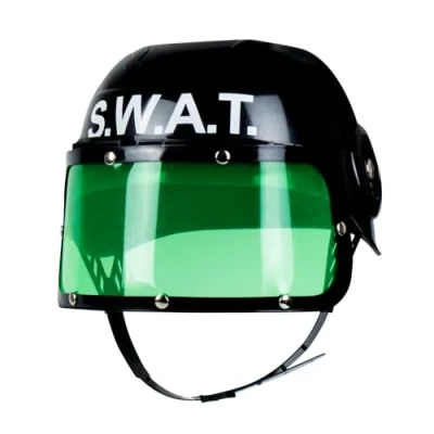 Image of Boland Children&#039;s SWAT Helmet, Black With Green Visor, Hard Plastic, One Size, Adjustable Chin Strap, Police Fancy Dress Accessory, For Boys, Girls, Unisex, Kids Halloween (One Size)